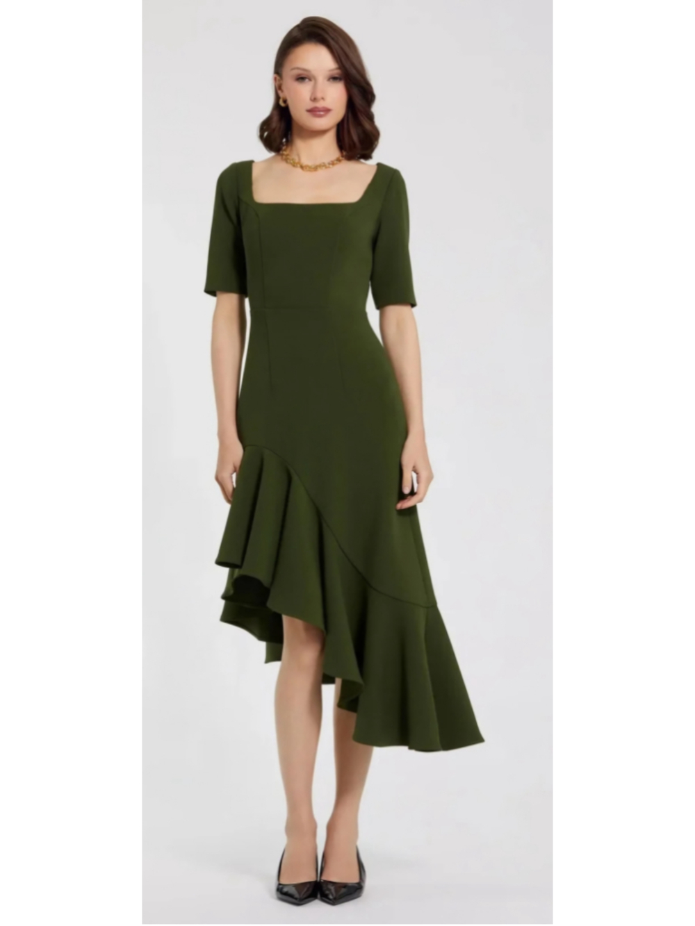 Mac Duggal 21019 Women's Olive Green Asymmetrical Ruffle Hem Midi Dress Size 2